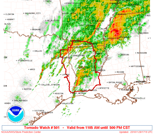 Tornado Watch Issued for Parts of Louisiana, East Texas Until 5:00PM CST